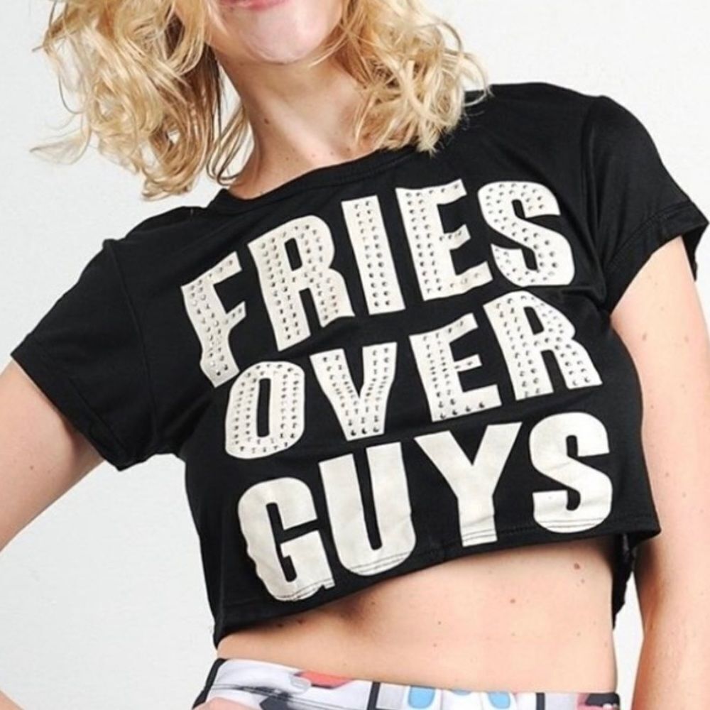 Blush Blinged Fries Over Guys Cropped T-shirt Black With White Writing Large